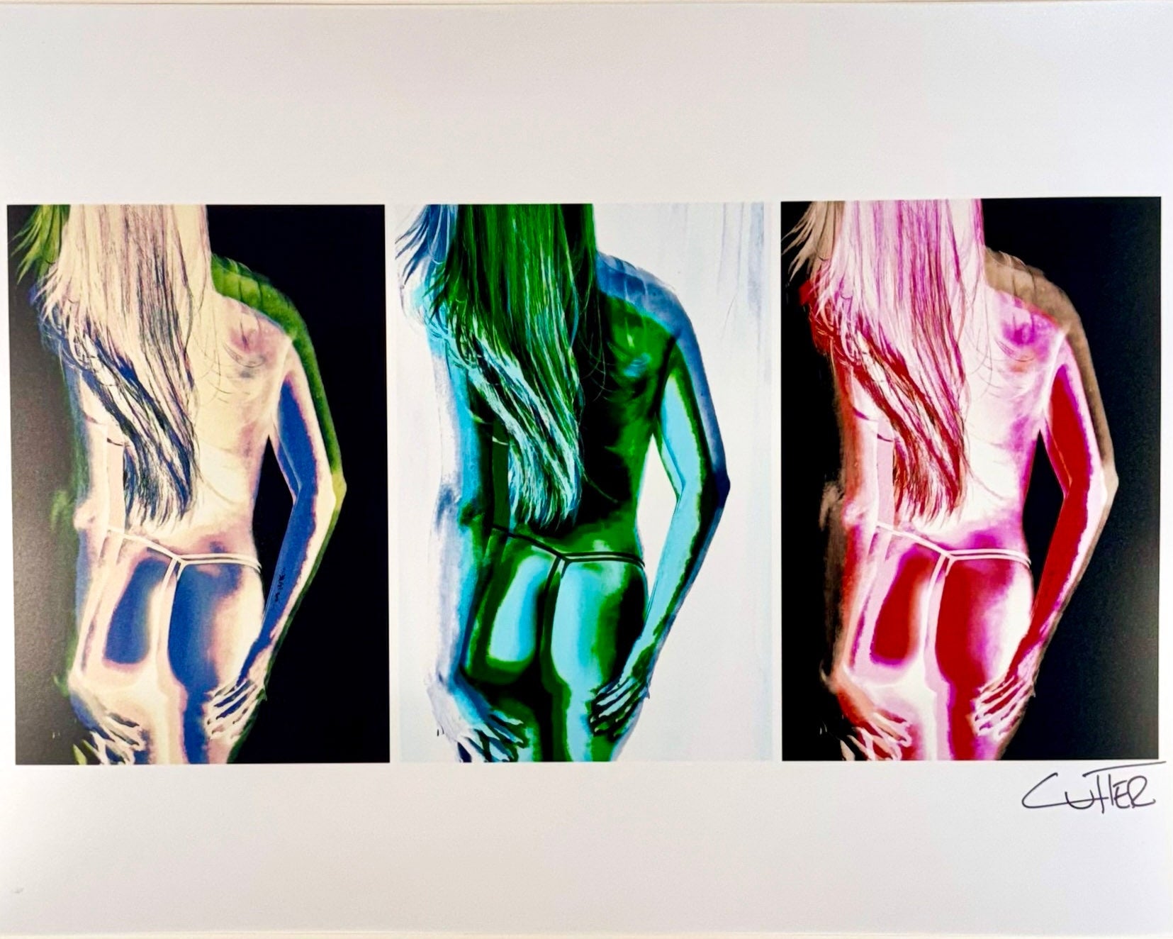 Three abstract artworks with colorful figures on a white background