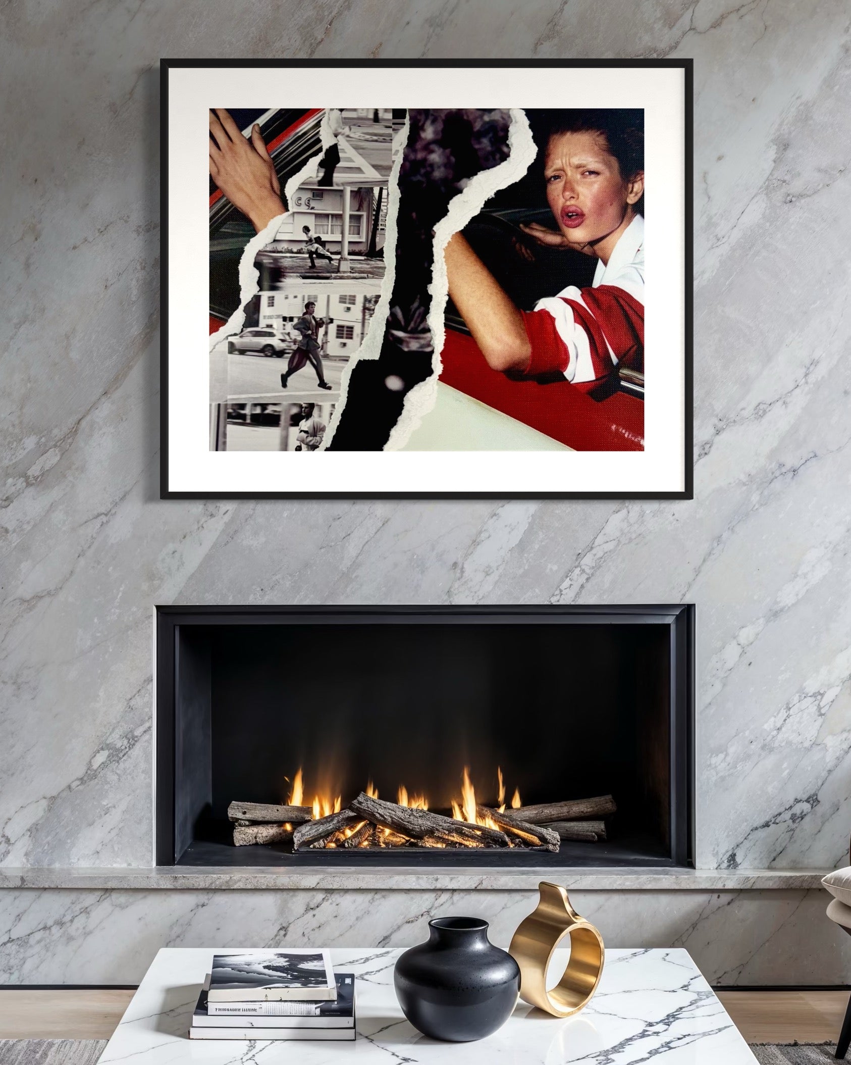 Framed artwork above a fireplace with decorative items on a coffee table.