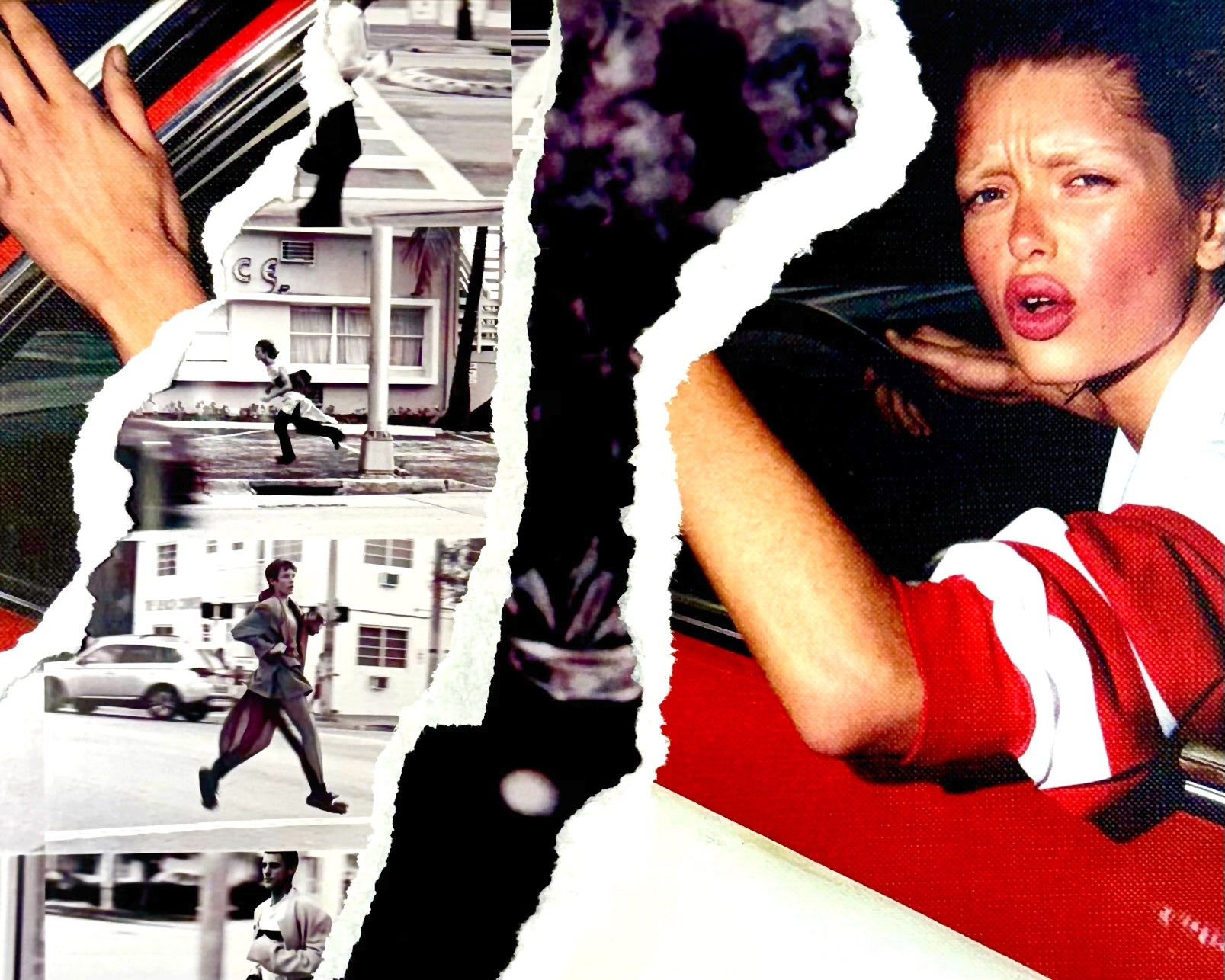 Collage of a woman in distress and a person running, with a撕裂的边框.