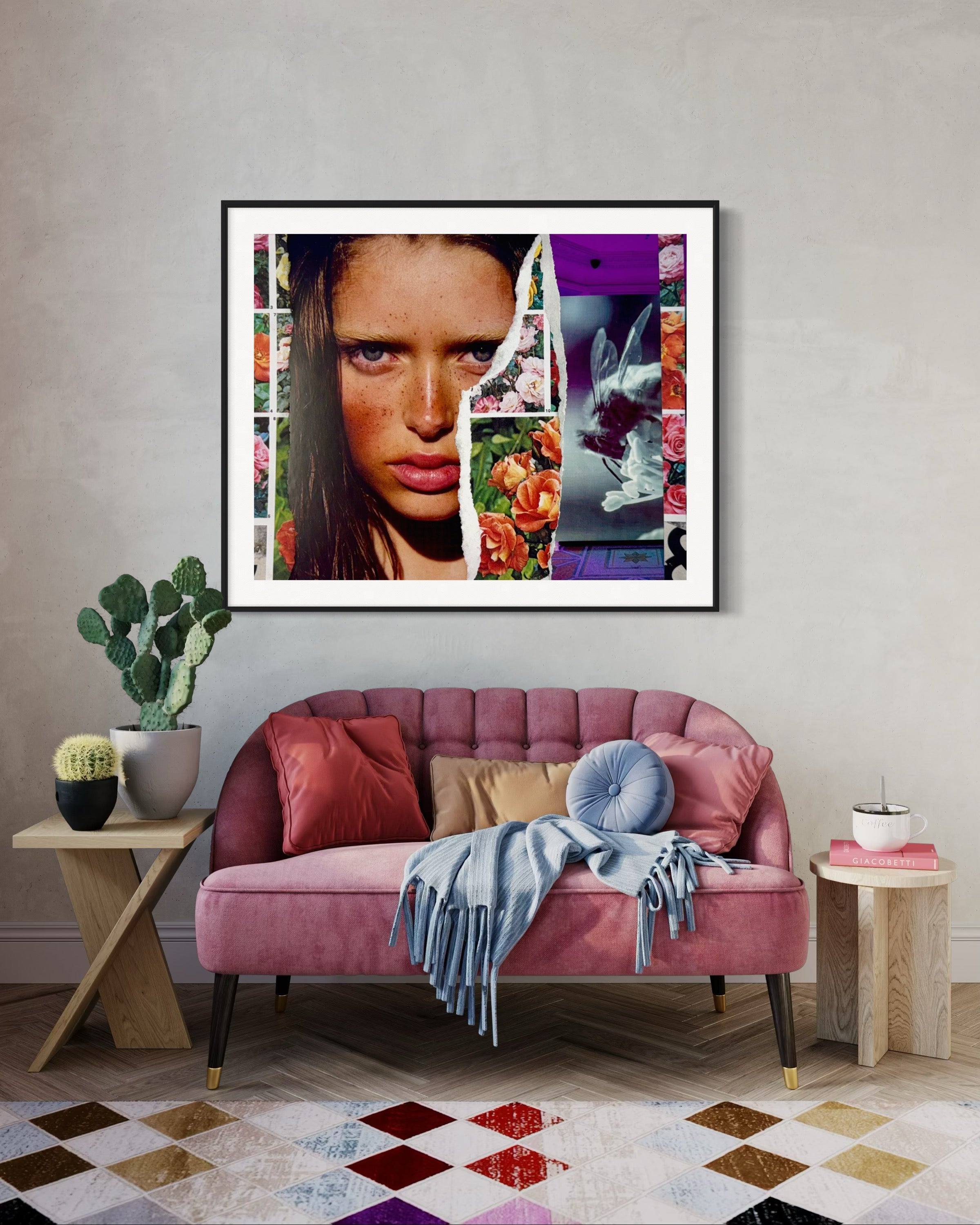 Framed collage art above a pink sofa in a living room.