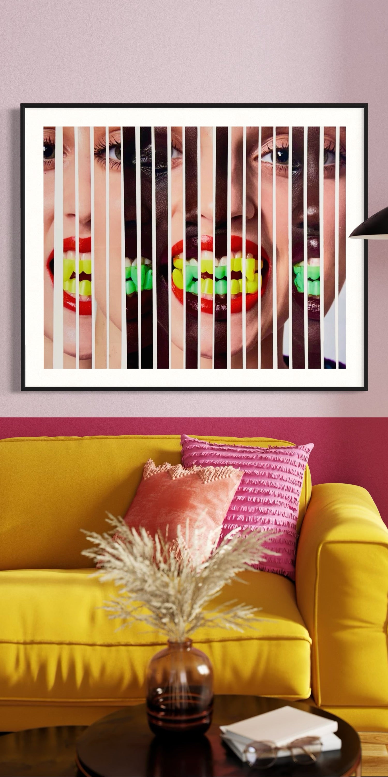 Living room with a yellow sofa, pink pillows, and a colorful art piece on the wall.