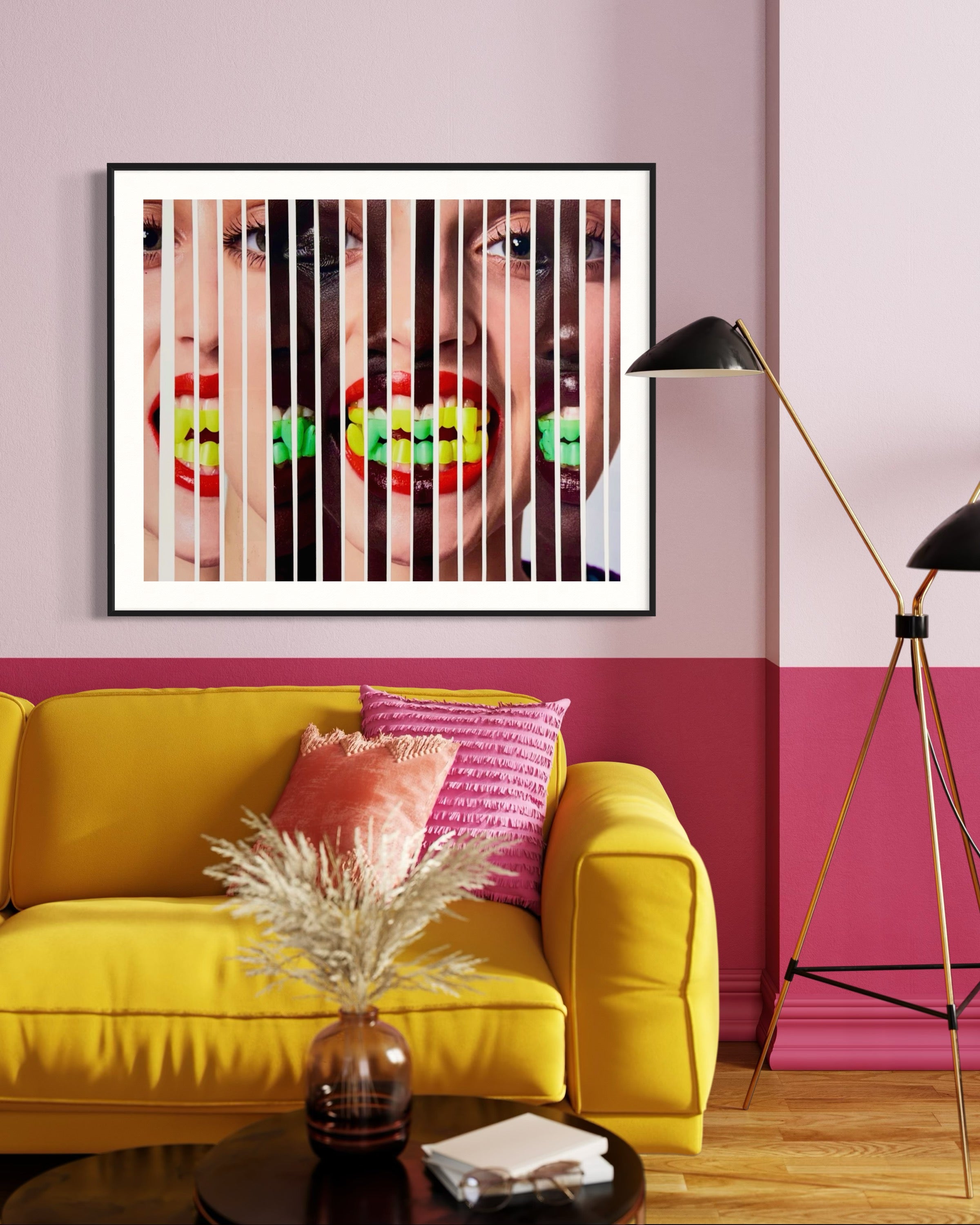 Living room with a yellow couch, pink pillows, and a colorful abstract art piece on the wall.